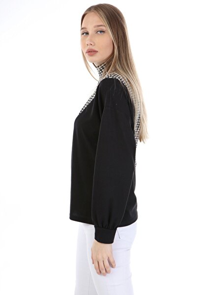 KİM Kİ O Women's Black and White Houndstooth Patterned Single Shoulder Blouse