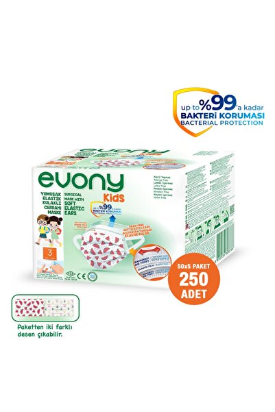 Evony Kids Yumuşak Elastik Kulaklı Renkli Çocuk Maskesi 5x50'li 250 Adet