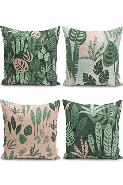 Realhomes Renkli Zemin Üzerinde Yaprak Desenli Modern Yastık Kırlent Kılıf Seti