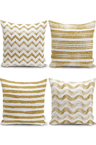 Realhomes مجموعة غطاء وسادة رمي حديثة بتفاصيل هندسية ذهبية على خلفية بيضاء