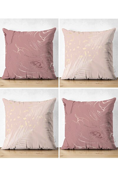 Realhomes 4'lü Çift Taraflı Renkli Zemin Yaprak Desenli Modern Süet Yastık Kı...