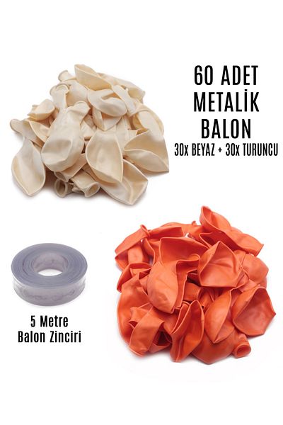 Lora Wedding 60 Pieces of White and Orange Mixed Metallic Balloons + 5 Meters Balloon Chain