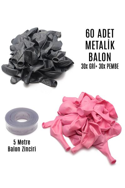 Lora Wedding 60 Pieces Gray (silver) and Pink Mixed Metallic Balloon + 5 Meter Balloon Chain