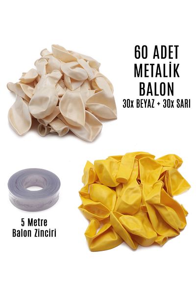 Lora Wedding 60 Pieces of White and Yellow Mixed Metallic Balloons + 5 Meters Balloon Chain