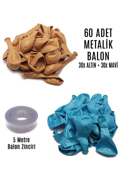 Lora Wedding 60 Pieces Gold And Blue Mixed Metallic Balloons + 5 Meters Balloon Chain