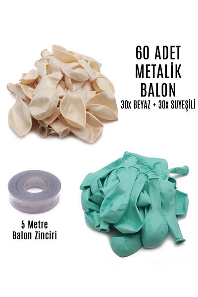Lora Wedding 60 Pieces of White and Water Green Mixed Metallic Balloons + 5 Meter Balloon Chain