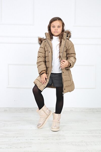 B&T Palton puf detasabil cu centură de pluș bej pentru fete