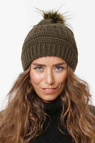 Vemod Women's Khaki Pompom Lined Knitted Beret