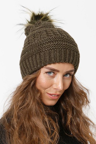 Vemod Women's Khaki Pompom Lined Knitted Beret