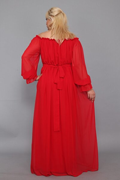 MODA LABİO Dökümlü Büyük Beden Kırmızı Elbise