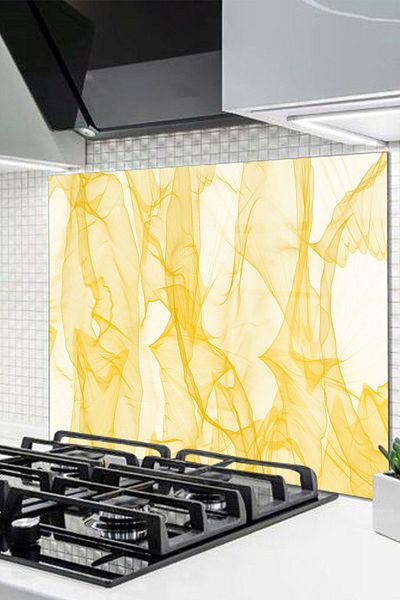 Olinpa 60x52 Cm Yellow Dali Patterned Glass Stove Back Protector