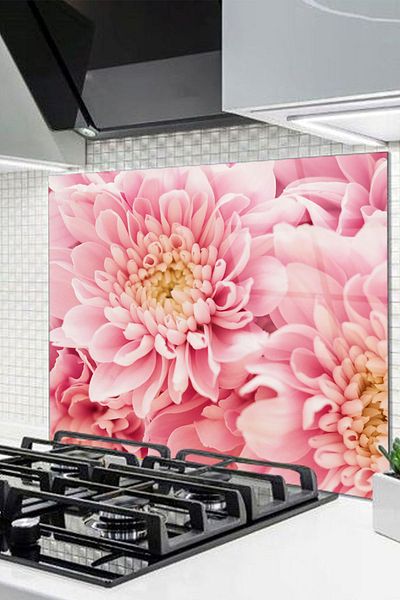 Olinpa 50x50 Cm Glass Stove Back Protector - Pink Flower Pattern Built-in