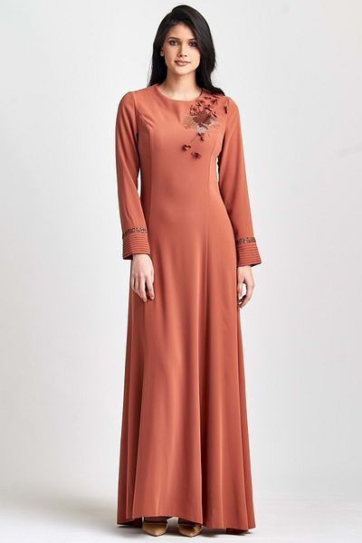 Esswaap Tan Sleeve Pleated, Stone and Flower Accessory Evening Dress