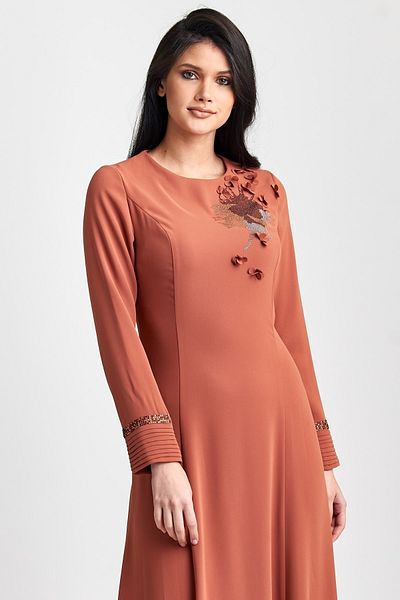 Esswaap Tan Sleeve Pleated, Stone and Flower Accessory Evening Dress