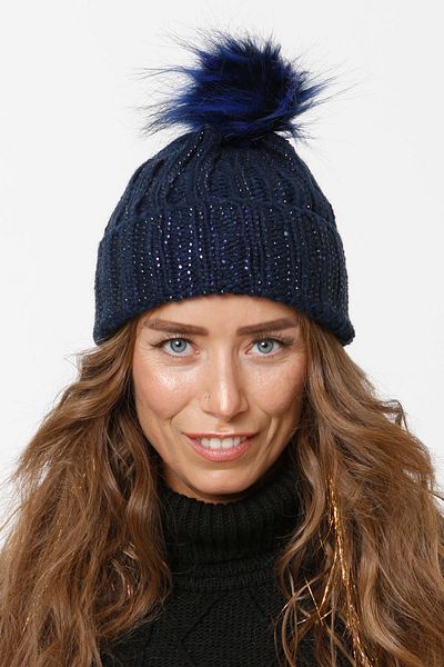 Vemod 75 Jewelled Folded Pompom Knitted Beanie - Navy Blue