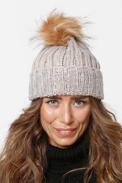 Vemod 75 Jewelled Folded Pompom Knitted Beanie - Stone