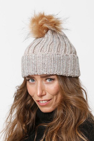 Vemod 75 Jewelled Folded Pompom Knitted Beanie - Stone