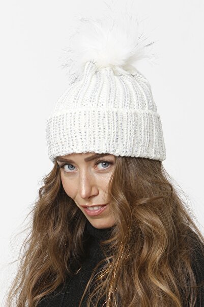 Vemod 75 Jewelled Folded Pompom Knitted Beanie - Bone
