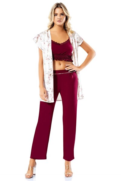 Loriva طقم بيجامة من الساتان الممشط ثلاثي باللون العنابي مع بوستير