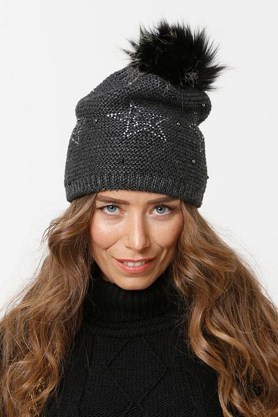 Vemod Star Patterned Stoned Pompom Knitwear Knitted Beret - Anthracite