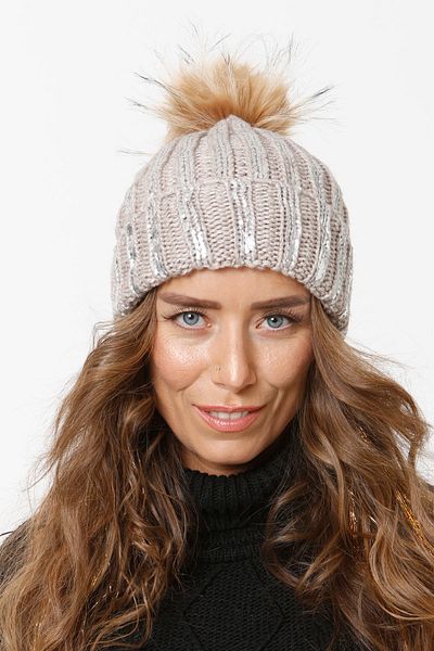 Vemod 75 Foil Printed Folded Pompom Knitwear Knitted Beanie - Stone