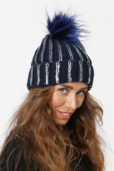 Vemod 75 Foil Printed Folded Pompom Knitwear Knitted Beret - Navy Blue