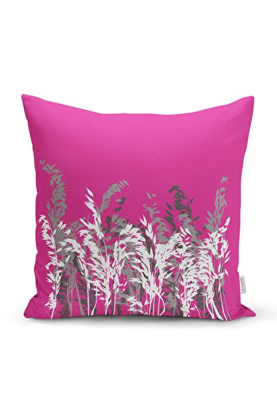 Realhomes Fuşya Zeminde Beyaz Çiçek Dijital Baskılı Kırlent Kılıfı