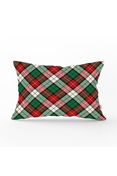 Realhomes Yeşil Kırmızı Beyaz Ekose Desenli Dekoratif Dikdörtgen Yastık Kırle...