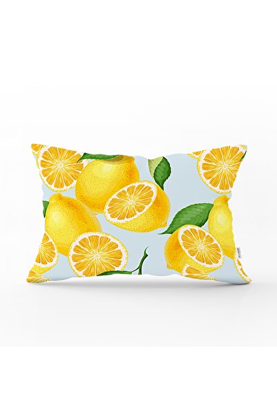Realhomes Mavi Zeminli Limon Desenli Dekoratif Dikdörtgen Yastık Kırlent Kılıfı