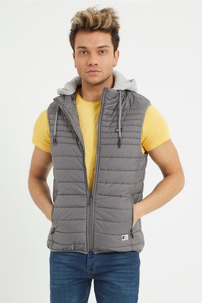 Wise Men's Hooded Combed Cotton Lined Puffer Vest - Gray