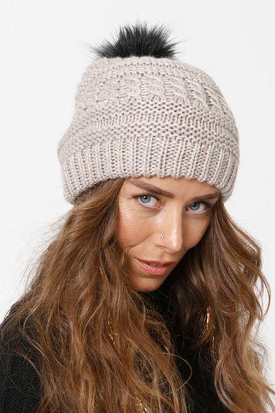 Vemod 91 Fur Pompom Lined Knitted Beanie - Stone
