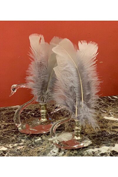 By Ari Ev Dekorasyon İkili Kristal Kuğu Takım Gri Tüylü Gümüş Uçlu