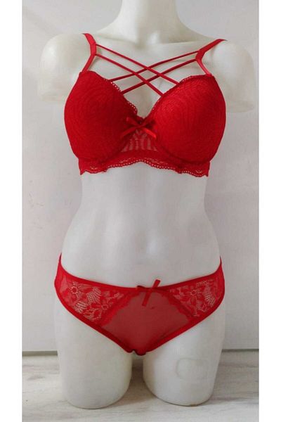 ÇamaŞırcıM Red Supported Bra Set with Cross Rope Detail