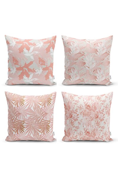 Realhomes طقم غطاء وسادة مزخرف مكون من 4 قطع مع رسم أوراق وردية على خلفية بيضاء
