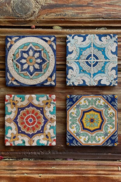 Oscar Stone Decor Baskılı Doğaltaş Bardak Altlığı 4'lü Set Desen Tile