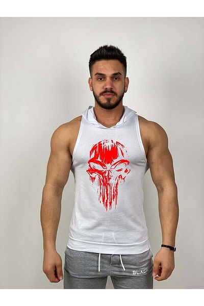 Black İstanbul أسود - Punisher Lava - قميص داخلي رياضي بغطاء للرأس بدون أكمام للجيم