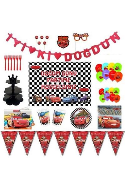 Parti Furyası Cars Lightning Mcqueen Luxury Birthday Party Supplies Set with Ornamental Banners for 16 People