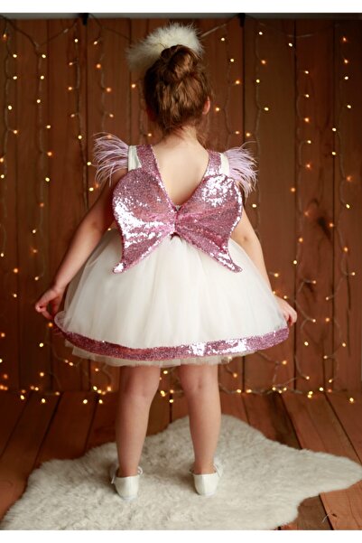 NA ADDESIGN Kız Çocuk Pembe Payet Melek Kanatlı Kabarık Elbise