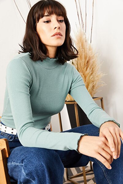 Olalook Women's Aqua Green Collar and Sleeve Detailed Camisole Blouse BLZ-19000718