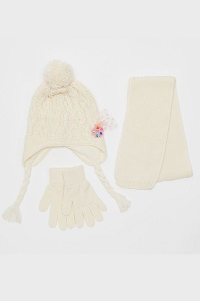 Vemod Girl's White Walking 3-Piece Beanie Set
