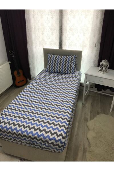 SNR HOME COLLECTION Blue Zigzag Cotton Single Teen Room Elastic Sheet Set