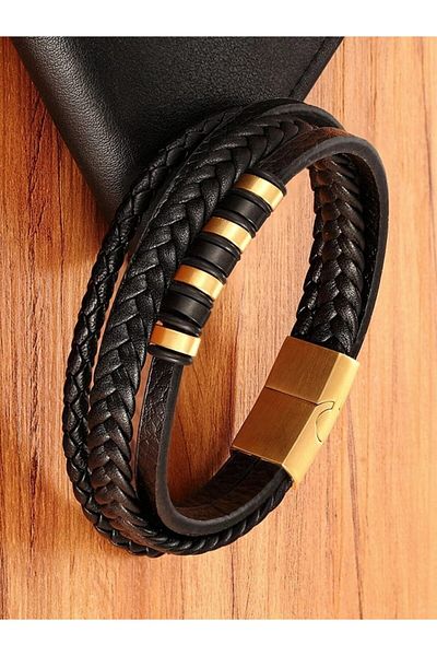 Erdem Men's Genuine Leather Straw Knitted Bracelet Black-gold