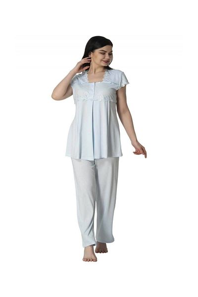 Effortt Women's Blue Long Princess Maternity Pajamas Set with Dressing Gown 5011