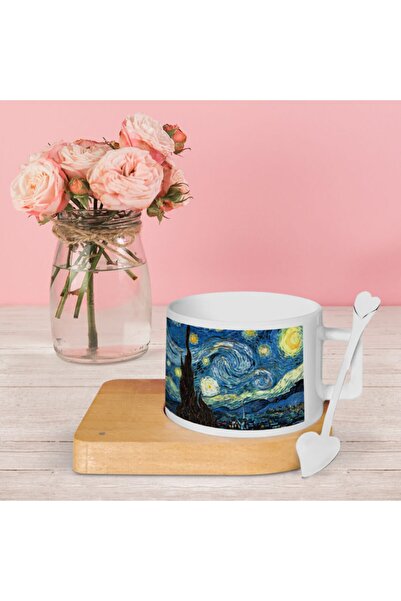Asilmeydan Vincent Van Gogh Yıldızlı Geceler Ahşap Tepsi Ve Kaşıklı Lüks Finc...