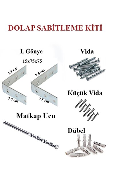 HMO Dizayn Gri L Demir Dolap Sabitleme 15*75*75 Masa Gönye (10 Adet)+ Vida+ Dubel+ Elmas Beton Matkap Ucu