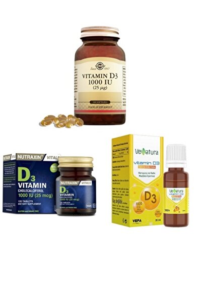 Solgar Vitamin D3 100 Kapsül + Nutraxin D3 120 Tablet + Venatura D3 Damla 20 Ml