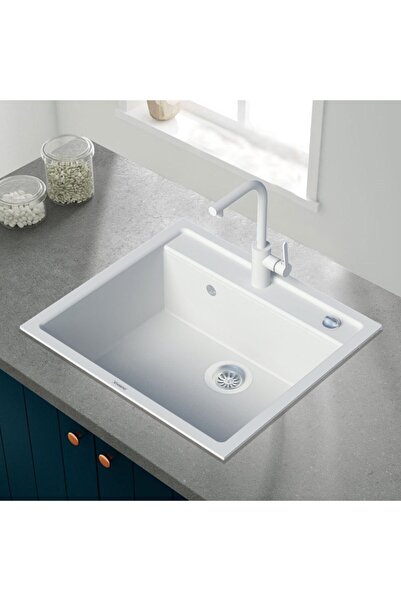 Vıvıano | | 1 Göz Beyaz 50x56 Cm Granit Evye + Batarya + Otomatik Tuşlu Sifon