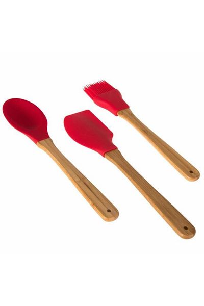 Ün-Ev 3-Piece Bamboo Handled Silicone Spoon - Spatula - Brush Kitchen Set