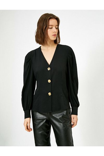Koton Women's V-Neck Button Detailed Blouse
