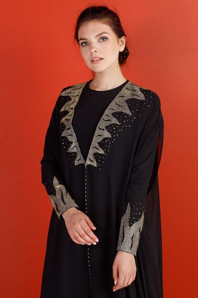 Esswaap Black - Fire Patterned Evening Dress with Chiffon Vest
